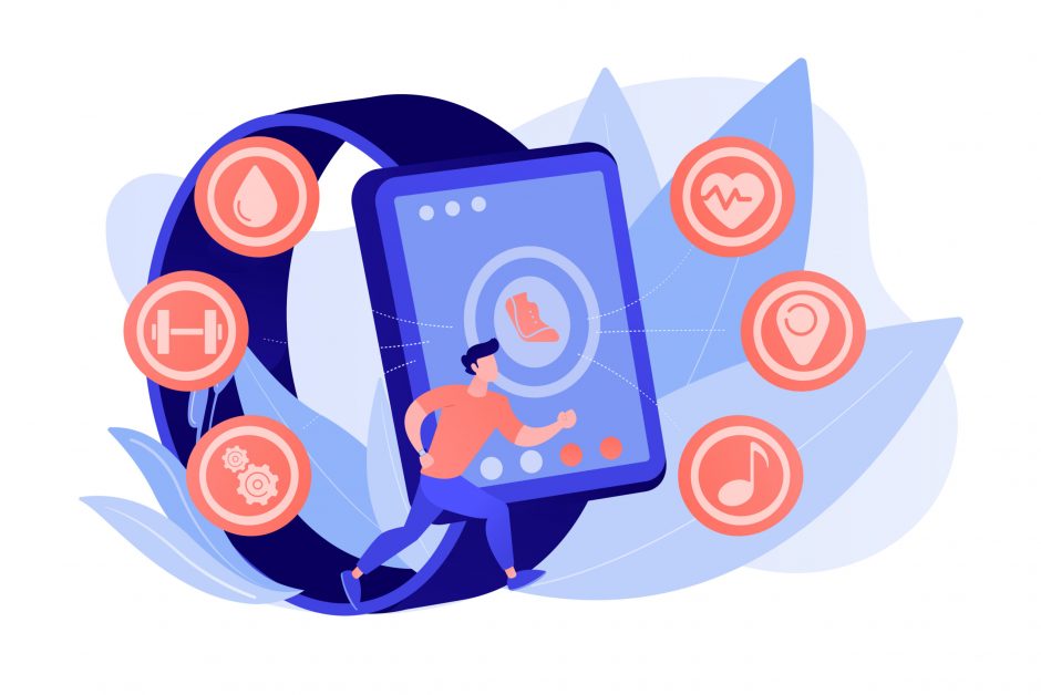 Runner uses smartwatch sport and health apps. Fitness tracker, activity band, health monitor and wrist-worn device concept on white background. Pinkish coral bluevector isolated illustration